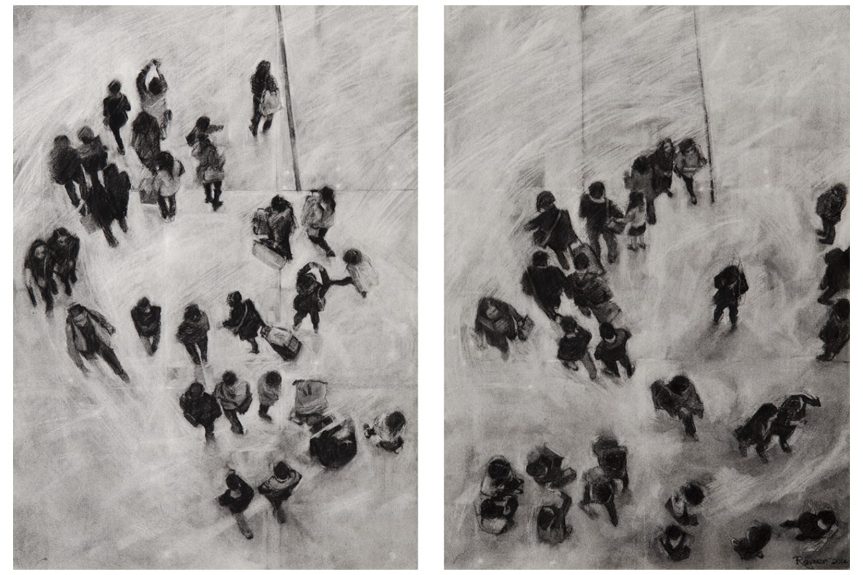 New Town Plaza 97cm x 128cm (including frame), charcoal, black conte on saunders-waterford paper