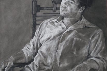 Throne Back in Time 106cm x 102cm, charcoal, pastel, conte on paper, Maldon Portrait Prize- people’s choice