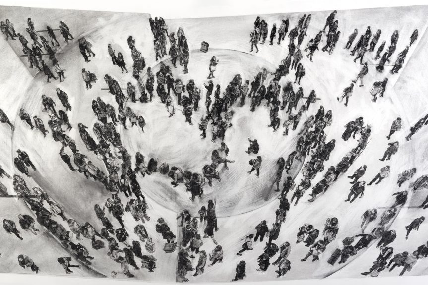 Circuit Breaker 88cm x 168cm (including frame) charcoal, conte on fabriano. Finalist in the Adelaide Perry Prize, 2019