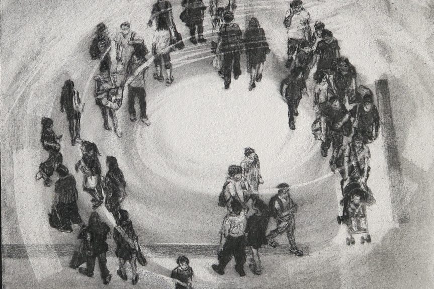 City Loop 20 cm x 20cm charcoal, conte on prepared board (SOLD)