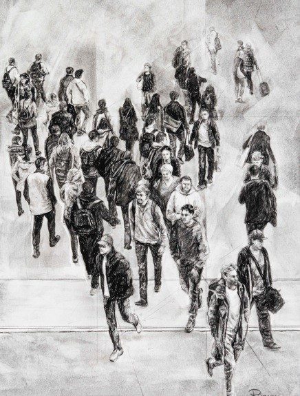 Flinders Street Crossing I 2019 56cm x 41cm charcoal, conte on canson. 2021 Lethbridge 20000 Small Scale Art Award finalist.