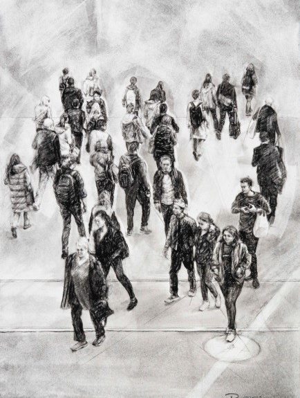 Flinders Street Crossing II 2019 56cm x 41cm charcoal, conte on canson Finalist in the Lyn McCrea Memorial Drawing Prize, 2020