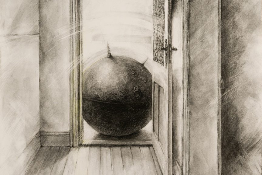 Mine at the Door, 1954. 2021 Charcoal, conte on fabriano, 56cm x 64cm finalist, Gosford Art Prize 2021